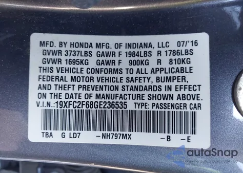 2016 Honda Civic Lx z USA, uszkodzony, nr VIN 19XFC2F68GE236535